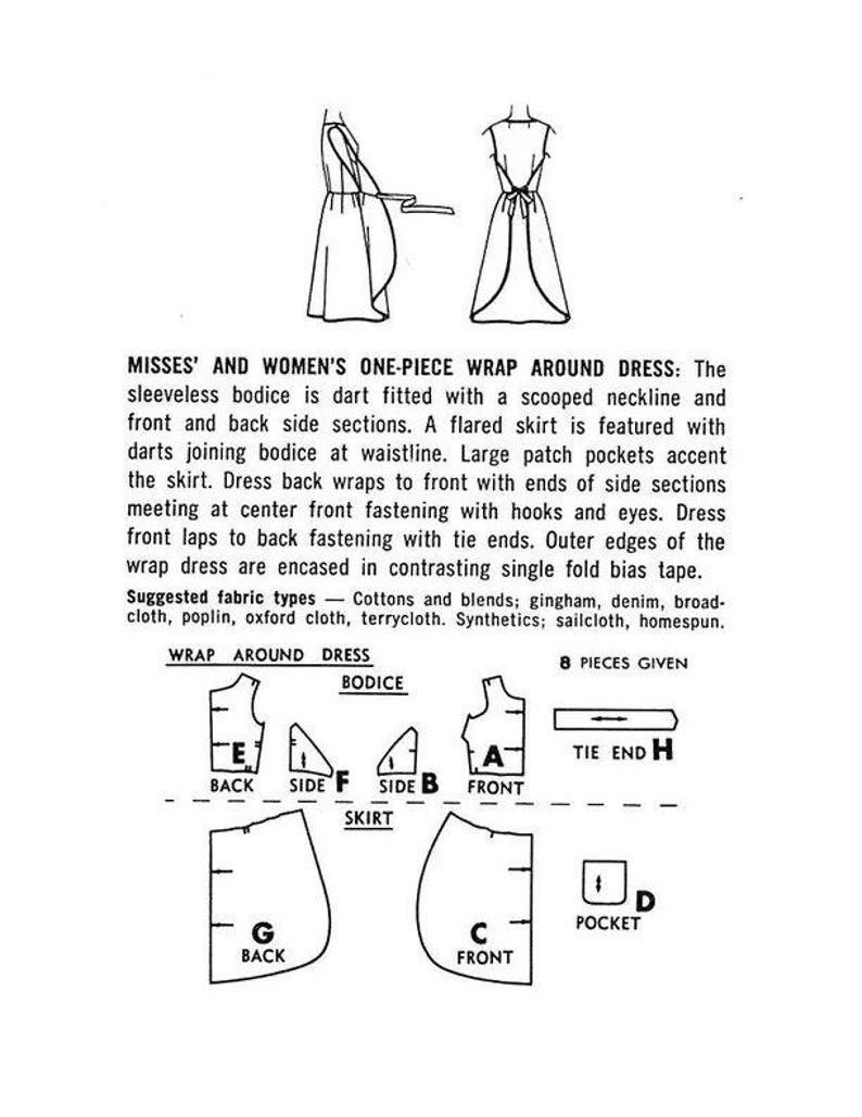 May include: Diagram showing how to sew a wrap around dress. The diagram shows eight pieces: bodice front, bodice back, bodice side, skirt front, skirt back, skirt side, tie end, and pocket. The text reads "Misses' and Women's One-Piece Wrap Around Dress: The sleeveless bodice is dart fitted with a scooped neckline and front and back side sections. A flared skirt is featured with darts joining bodice at waistline. Large patch pockets accent the skirt. Dress back wraps to front with ends of side sections meeting at center front fastening with hooks and eyes. Dress front laps to back fastening with tie ends. Outer edges of the wrap dress are encased in contrasting single fold bias tape. Suggested fabric types - Cottons and blends; gingham, denim, broad-cloth, poplin, oxford cloth, terrycloth. Synthetics; sailcloth, homespun. Wrap Around Dress 8 Pieces Given"