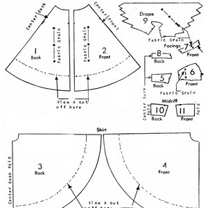 May include: Diagram of 11 pattern pieces for a garment, labeled 6810. The diagram includes pieces for the underskirt, bodice, and skirt. The diagram includes labels such as "Back", "Front", and "Fabric Grain".