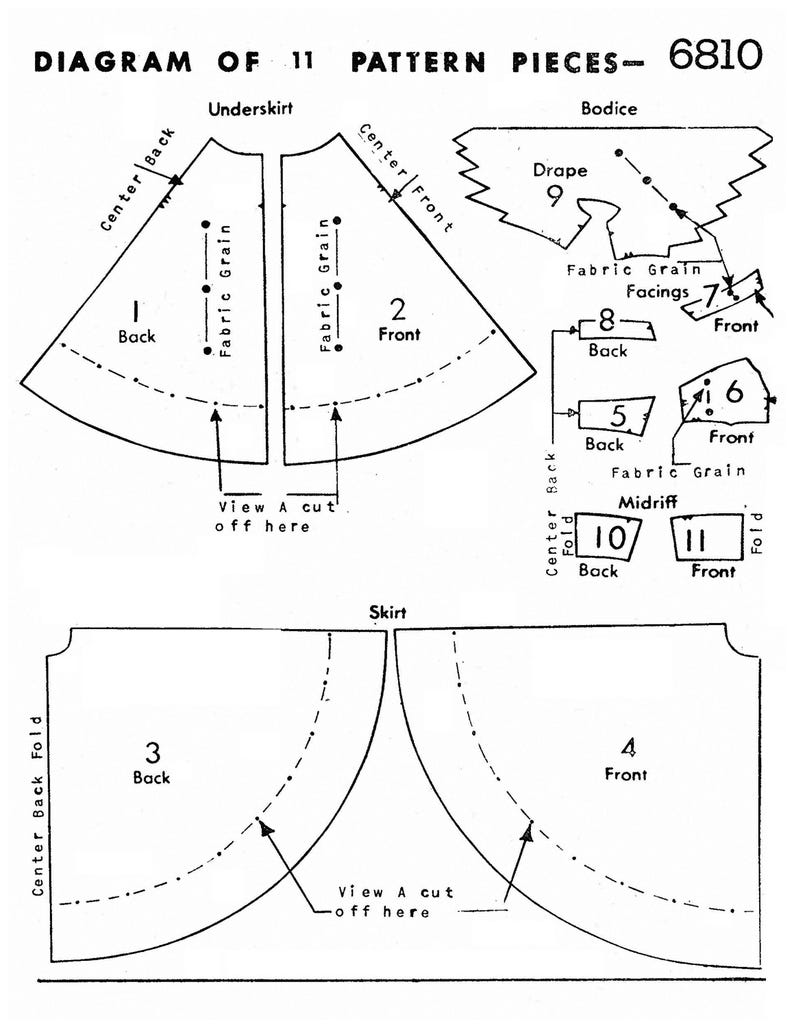 May include: Diagram of 11 pattern pieces for a garment, labeled 6810. The diagram includes pieces for the underskirt, bodice, and skirt. The diagram includes labels such as "Back", "Front", and "Fabric Grain".