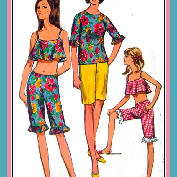 Vintage 1966-BEACH PARTY OUTFITS-Sewing Patternt-Kittenish Crop Top With Under-Bra-Long Shorts-Ruffle Trim-Overblouse-Size 12-Rare