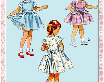 Vintage 1950-FAN BACK DRESS-Pumphose-Schnittmuster für Kleinkinder-3 Styles-Dreifache umgekehrte Rückenfalte-Jakobsmuschel-Manschette-Taschen-Spitze-Größe 3-selten