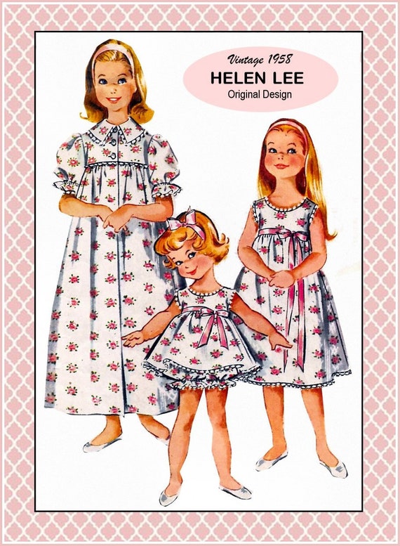 Vintage 1958 HELEN LEE Original designer Sewing Pattern long Peignoir nightgown baby Doll Bloomers ribbon Trim easy loose Fit size 6 rare Etsy