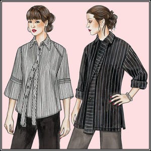 May include: A fashion illustration featuring two button-down shirts. The left shirt is white with thin black vertical stripes and three-quarter sleeves. The right shirt is black with thin white vertical stripes, long sleeves, and a side-slit hem.