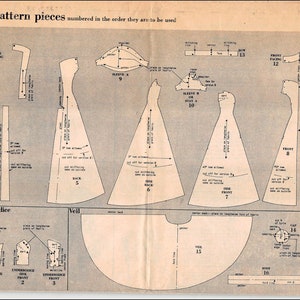 May include: A sewing pattern for a dress and veil with 16 pattern pieces numbered in the order they are to be used. The pattern includes instructions for a back underlay, back facing, sleeves, side front, side back, front facing, front, and a cap and rose for the veil.