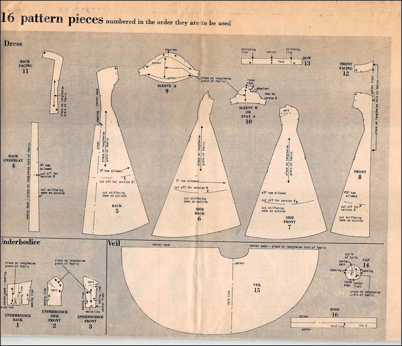 May include: A sewing pattern for a dress and veil with 16 pattern pieces numbered in the order they are to be used. The pattern includes instructions for a back underlay, back facing, sleeves, side front, side back, front facing, front, and a cap and rose for the veil.