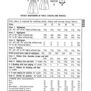 May include: Vintage sewing pattern for Misses' nightgowns and panties. Includes diagrams for three nightgown styles and a pair of panties. Fabric requirements and standard body measurements are listed in inches.