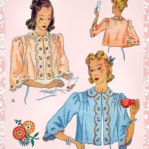 Vintage 1938-LADIES BED JACKET-Sewing Pattern-Two Styles-Lovely Scallop Detail-Dainty Floral Embroidery-Lace Trim-Pin Tucks-Size Medium-Rare
