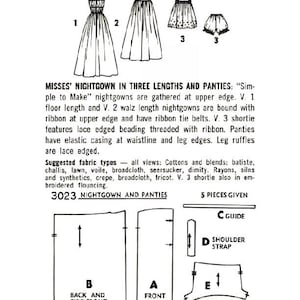 May include: Vintage sewing pattern for Misses' nightgowns and panties. The pattern includes three nightgown lengths and panties, with lace and ribbon details. The image shows illustrations of the garments and pattern pieces. The text reads "3023 NIGHTGOWN AND PANTIES."