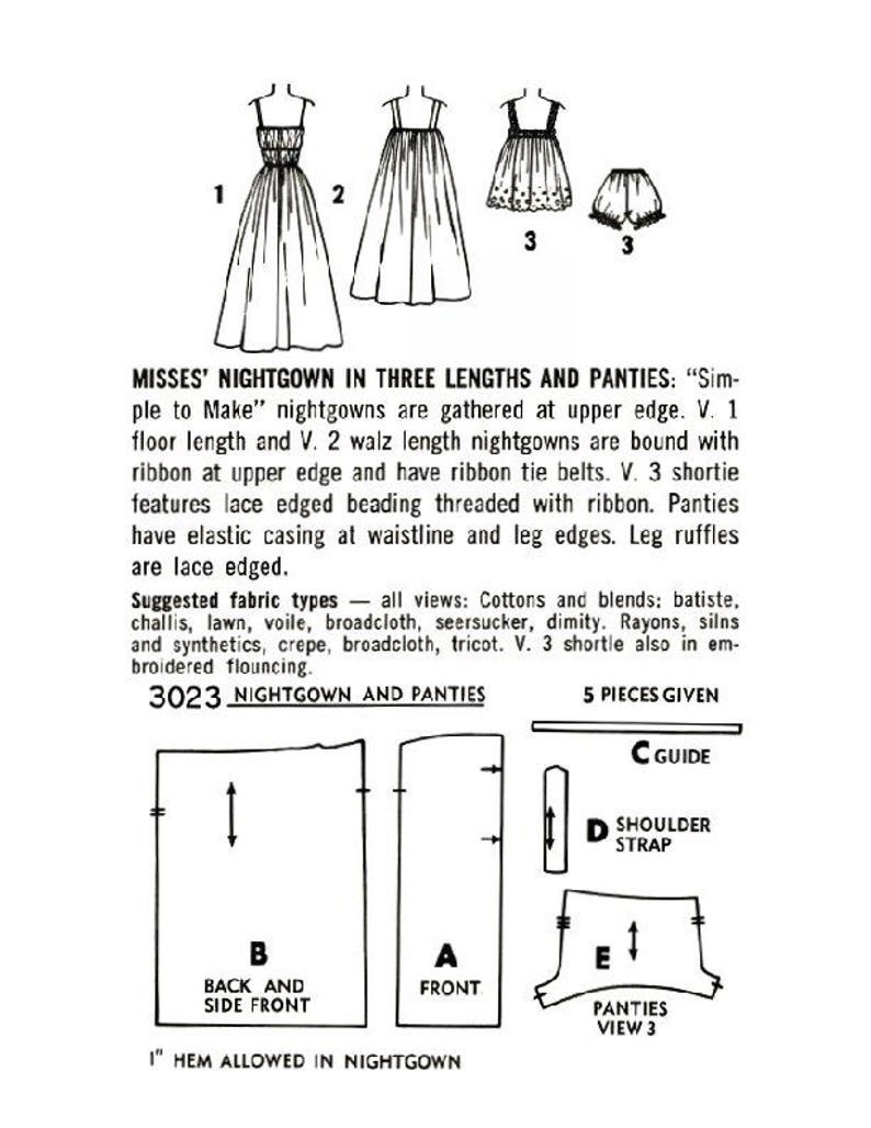 May include: Vintage sewing pattern for Misses' nightgowns and panties. The pattern includes three nightgown lengths and panties, with lace and ribbon details. The image shows illustrations of the garments and pattern pieces. The text reads "3023 NIGHTGOWN AND PANTIES."