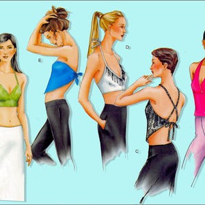 May include: Illustration of five different halter tops in various colors and styles. The tops include a green halter, a blue bandeau, a white top with fringe, a black lace top, and a pink halter. The models are wearing different colored pants.