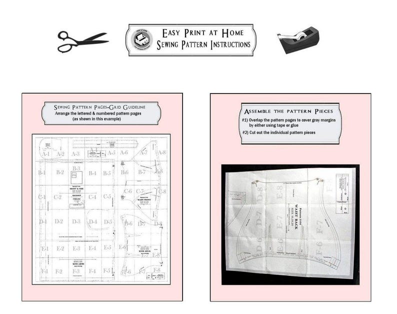 May include: An image with sewing pattern instructions. The image includes scissors, tape, and two pattern pages with instructions. Text on the image reads "EASY PRINT AT HOME SEWING PATTERN INSTRUCTIONS".