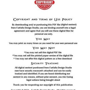 May include: A red copyright stamp with the word "COPYRIGHT" in white letters. The text "ALL RIGHTS RESERVED" is in white letters above and below the word "COPYRIGHT". The text "COPYRIGHT AND TERMS OF USE POLICY" is in black letters. The text below explains the terms of use for digital content purchased from Farfalla Design Studio. The text includes the year 2024 and the copyright symbol.