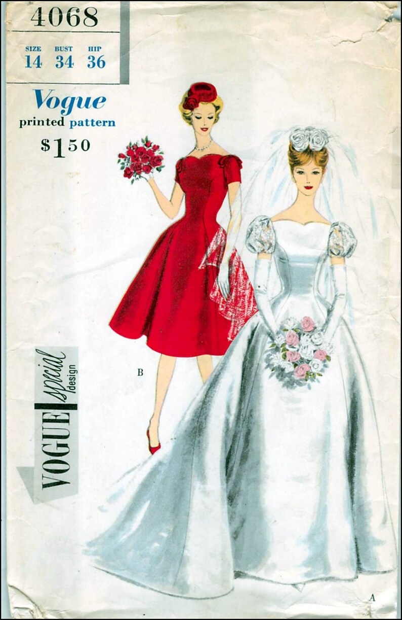May include: Vintage Vogue sewing pattern for a wedding dress and a red dress. The pattern number is 4068 and the sizes are 14, 34, and 36. The pattern is for a special design and costs $1.50.