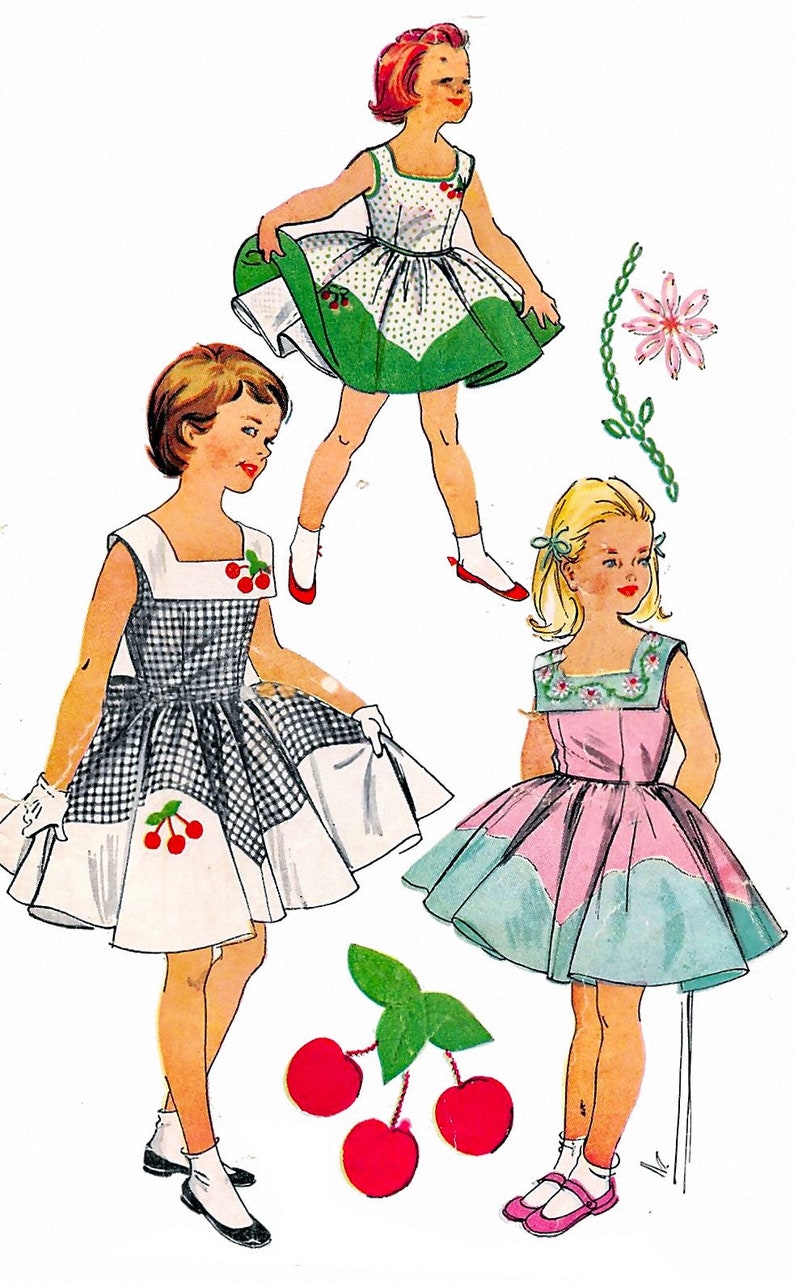 Vintage 1954-CHERRY TWIRL DRESS-Sewing Pattern-Embroidery Transfer-3 Styles-Shaped Lower Skirt-Square Collar-Crinoline Petticoat-Size 6-Rare