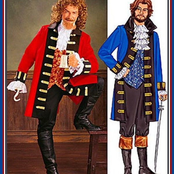 18ème SIÈCLE CAPITAINE CROCHET-Costume homme Patron de couture-Manteau doublé-Col contrasté-Veste-Dentelle Jabot-Poignets-Pantalons-non-coupé-Poitrine Taille 30-40-Rare