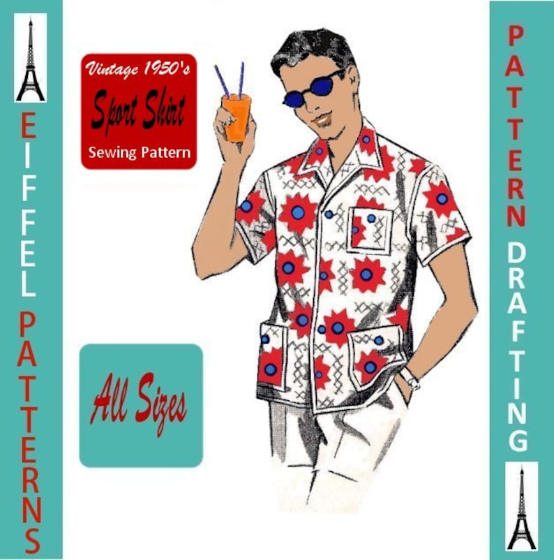 1950s Sewing Patterns | Dresses, Skirts, Tops, Mens     1950s-Men’s Snazzy Sport Shirt-Wing Collar-Patch Pockets-PATTERN Drafting Design-All Sizes-Pdf- Bonus FREE 1957 Sewing EBook  AT vintagedancer.com