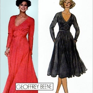 Vintage jaren 1970-ONTWERPER AVONDJA-Vogue naaipatroon-dagjurk-twee stijlen-losse pasvorm-Geoffrey Beene origineel-onbesneden-maat 8-zeldzaam