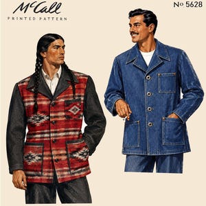 Könnte beinhalten: McCall Schnittmuster Nr. 5628 zeigt zwei Jackendesigns. Eine Jacke hat ein rot-schwarz-weißes Muster mit dunklen Ärmeln. Die andere ist eine einfarbige blaue Jeansjacke mit Kragen, Knopfleiste vorne und drei aufgesetzten Taschen.