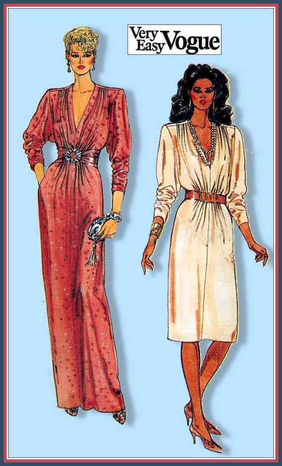 Vintage 1980s-glam EVENING Gown-day Dress-vogue Sewing Pattern-two  Styles-sexy Deep V Neckline-push up Sleeves-pockets-size 8-12-rare - Etsy