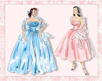 1950-GLAMOROUS EVENING GOWNS-Sewing Pattern-Two Styles-Fitted Boned Shaped Bodice-Self Ruffle-Full Skirt-Matching Wrap-Uncut-Size 6-14-Rare