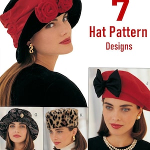 Puede incluir: Una colección de 7 Hat Pattern Designs que presenta varios estilos, incluyendo un sombrero negro con banda roja y rosas de tela, una boina roja con lazo negro, un sombrero de pescador con estampado de cachemira negro y un gorro de piel sintética de leopardo.