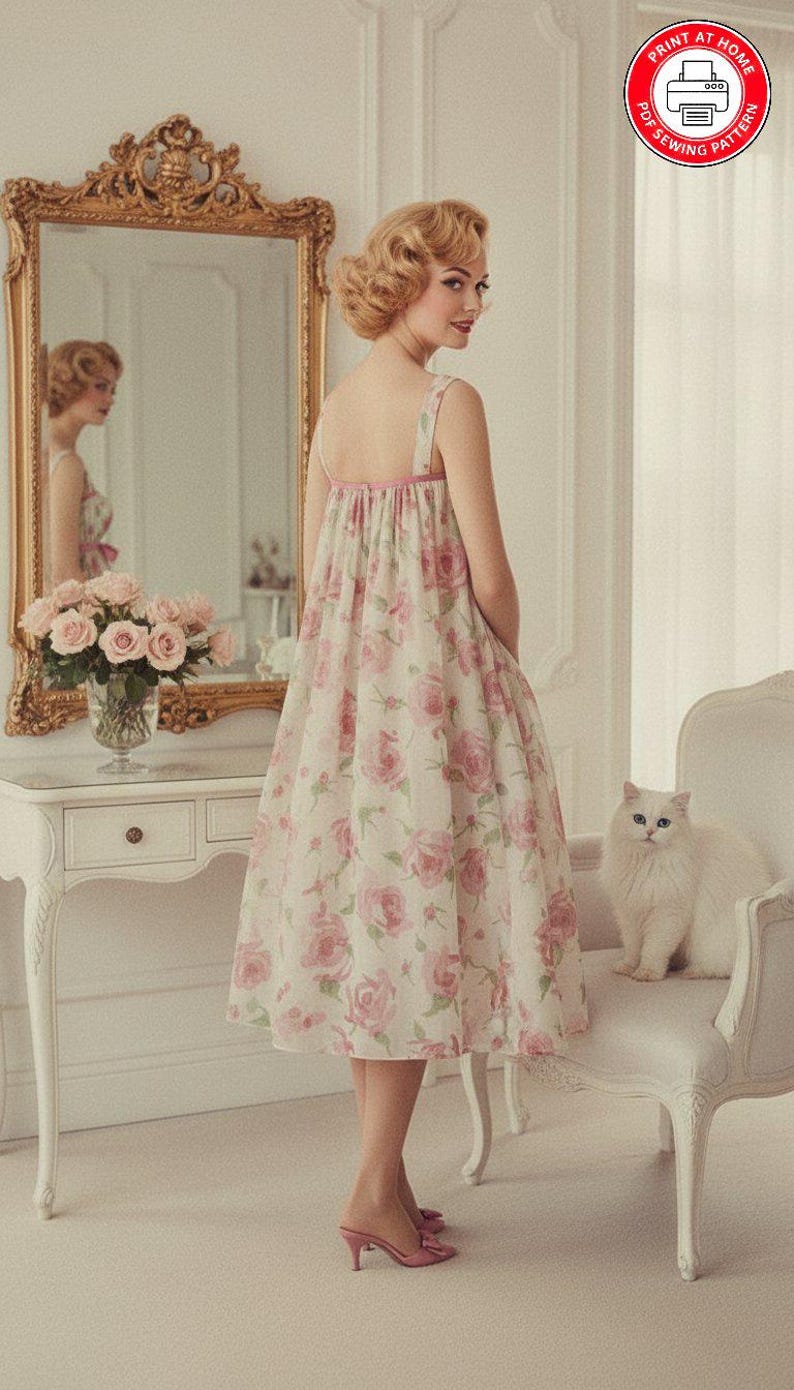 May include: A woman in a floral print dress with pink rose patterns, standing in a room with a vintage mirror and a white cat. The dress has a pink trim and is knee-length. A "Print at Home PDF Sewing Pattern" logo is visible.