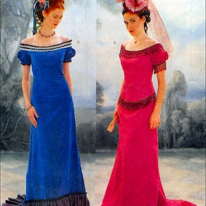 May include: Two elegant, floor-length dresses. One is a vibrant blue with off-the-shoulder sleeves and a ruffled hem. The other is a striking fuchsia with a matching beaded trim and a small train. Both dresses are vintage-inspired.