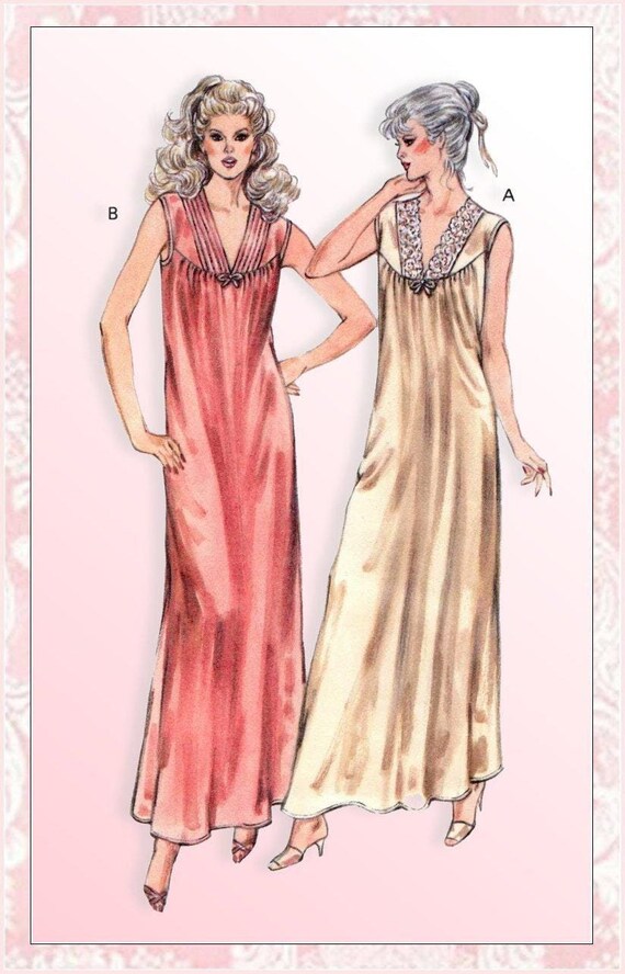 Vintage 1989-LOVELY LONG NIGHTGOWN-Sewing Pattern-Two Styles-V-Neckline- Lace Trim-Loose Fitting-Size Petite-Large-Rare