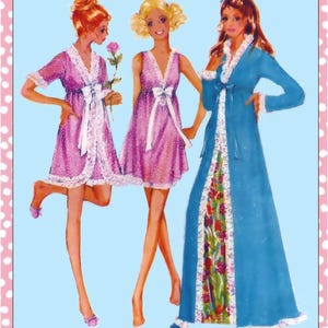 May include: Illustration of three women in vintage-style sleepwear. Two wear pink polka-dot robes with white lace trim and bows. The third wears a long blue robe with floral accents and white lace trim. The background is light blue.