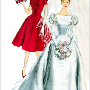 May include: A bride in a white satin wedding dress with a veil and a bouquet of white and pink roses. A bridesmaid in a red dress with a red hat and a bouquet of red roses.