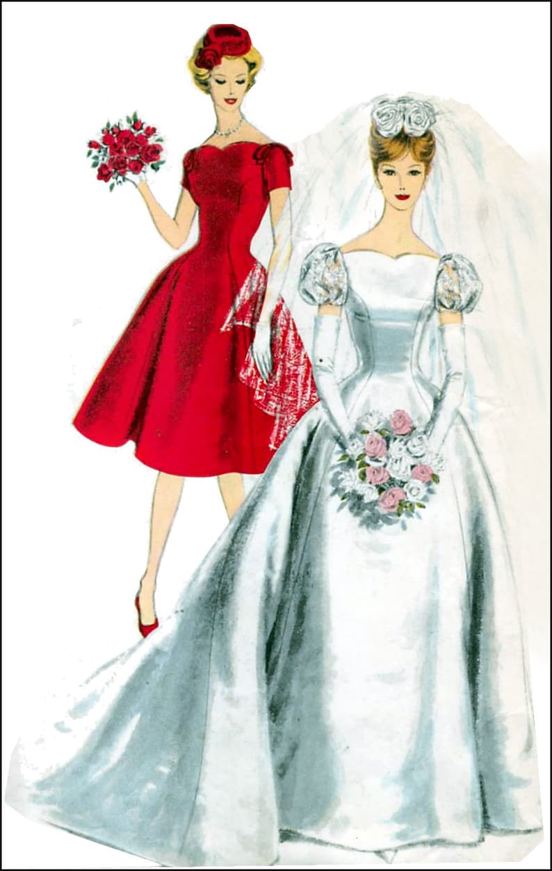 May include: A bride in a white satin wedding dress with a veil and a bouquet of white and pink roses. A bridesmaid in a red dress with a red hat and a bouquet of red roses.