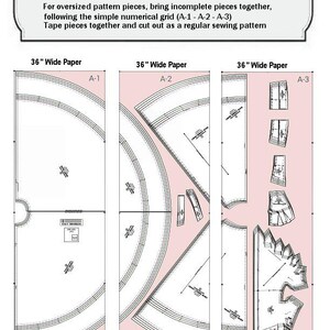 May include: A diagram illustrating large format AO printing for oversized pattern pieces. The image shows three sections labeled A-1, A-2, and A-3, each on 36-inch wide paper. Instructions are included for assembling the pieces.