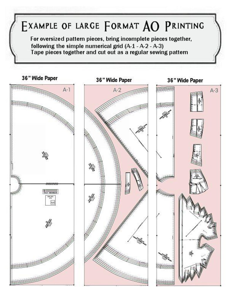 May include: A diagram illustrating large format AO printing for oversized pattern pieces. The image shows three sections labeled A-1, A-2, and A-3, each on 36-inch wide paper. Instructions are included for assembling the pieces.