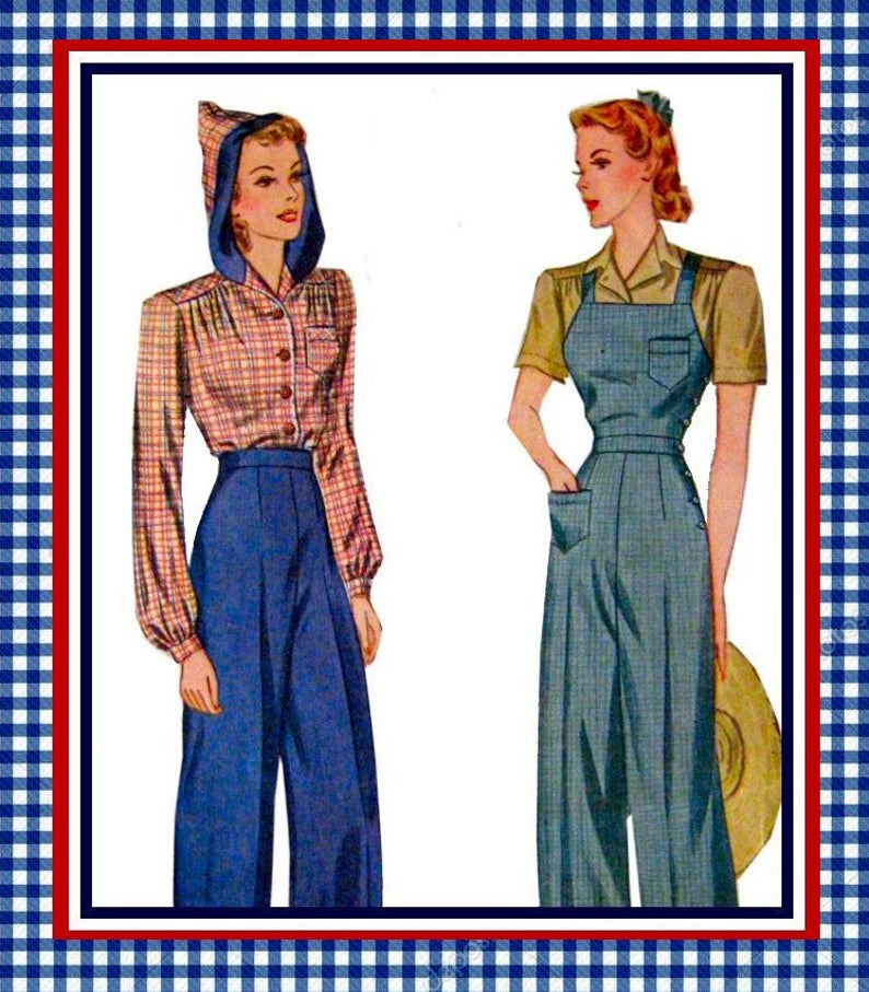 Rosie the Riveter Costume & Outfit Ideas     1940s-ROSIE THE RIVETER-New Reproduction Sewing Pattern-Overalls-Hoodie-Slacks-long and Short Sleeve Blouse-Patch Pocket-Uncut-Size 16-24 $15.00 AT vintagedancer.com