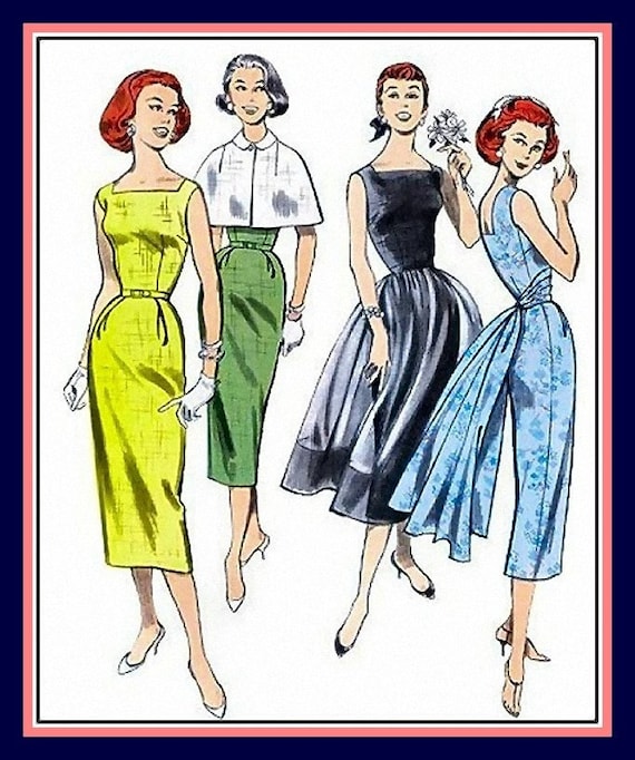 1952 PARTY DRESS CAPELET Patron de couture Robe Wiggle ajustee Coquin Drape Fly Away Sash Overskirt Dainty Capelet non cut Taille 6 12 Rare Etsy Canada