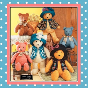May include: Five teddy bears wearing different outfits and hats. The bears are sitting on a white wicker chair, a brown wooden chair, and a small brown chair. The bears are all wearing different colored clothing and hats. The bears are all smiling. The text "ELAINE HEIGL Designs" is at the bottom of the image.