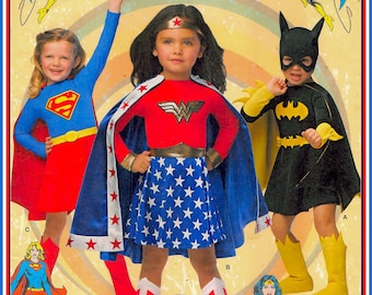 SUPER HERO GIRLS-Costume Sewing Pattern-Super Girl-Wonder Woman-Bat Girl-Bodysuits-Capes-Hoods-Boot Covers-Appliqué-Uncut-Size 3-8-Rare