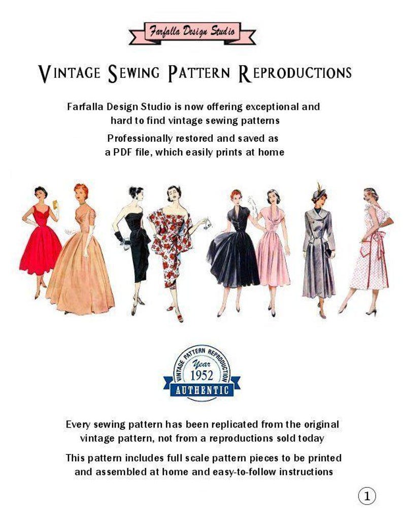 May include: Vintage sewing pattern reproductions from 1952. The image shows eight different vintage dress patterns, each with a different style and color. The patterns are professionally restored and saved as a PDF file, which easily prints at home.