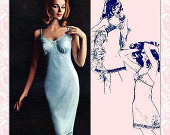 Vintage 1967-LACE BODICE SLIP-Sewing Pattern-2 Styles-Full Slip-Semi-Fitted-Sexy V Neckline-Lace Trim-Uncut-Size-Petite-Plus Size-Rare