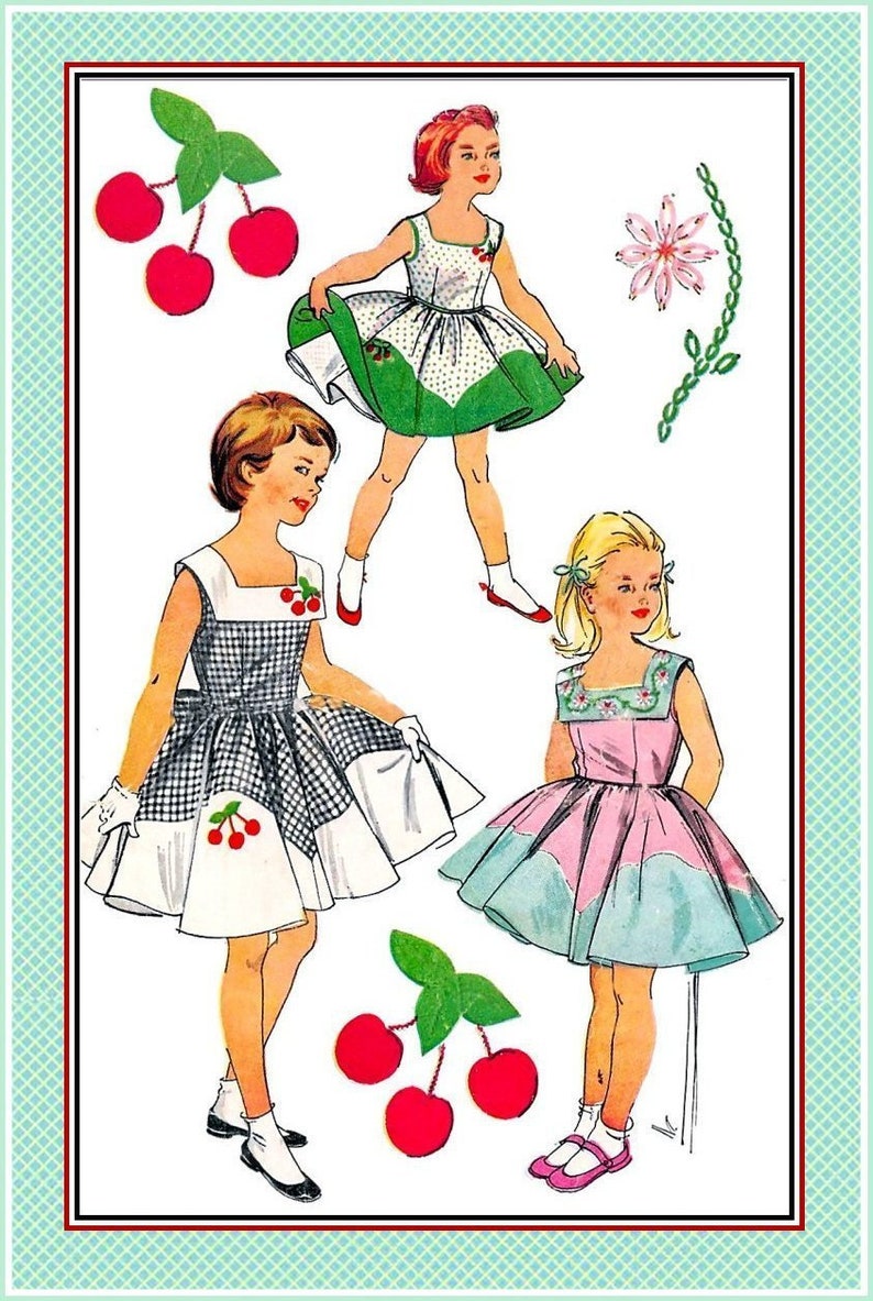 Vintage 1954-CHERRY TWIRL DRESS-Sewing Pattern-Embroidery Transfer-3 Styles-Shaped Lower Skirt-Square Collar-Crinoline Petticoat-Size 6-Rare