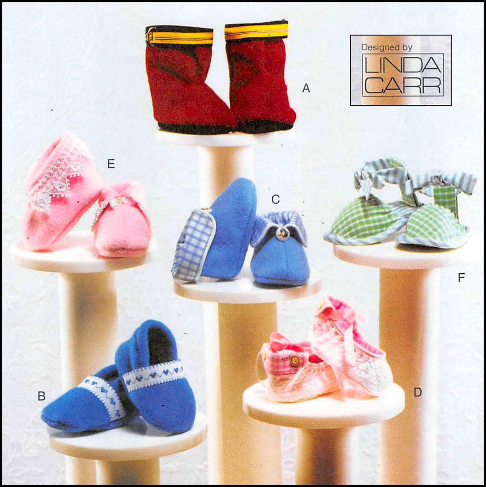 designer baby booties-vogue sewing pattern-six styles-ballet slipper-cuffed booties-sandal-fireman boots-uncut-size newborn-9 mo