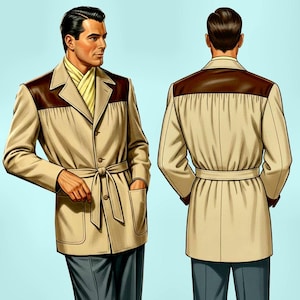 Op de afbeelding: Een beige jas met donkerbruine schouderstukken, een reverskraag en een strikceintuur in de taille. De jas heeft twee grote opgestikte zakken aan de voorzijde en wordt getoond in voor- en achteraanzicht, gecombineerd met een donkergrijze broek.