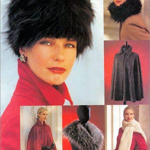 May include: A collage of fashion items, including a black fur hat, a red cape, and a faux fur collar. The image features a woman wearing the hat and red coat. Other images show a cape and a scarf.