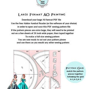 May include: A PDF sewing pattern file with instructions for large format AO printing. The image includes pattern pieces, illustrations of dresses, and text that reads "LARGE FORMAT AO PRINTING". The pattern pieces are designed to be printed on 36-inch wide paper.