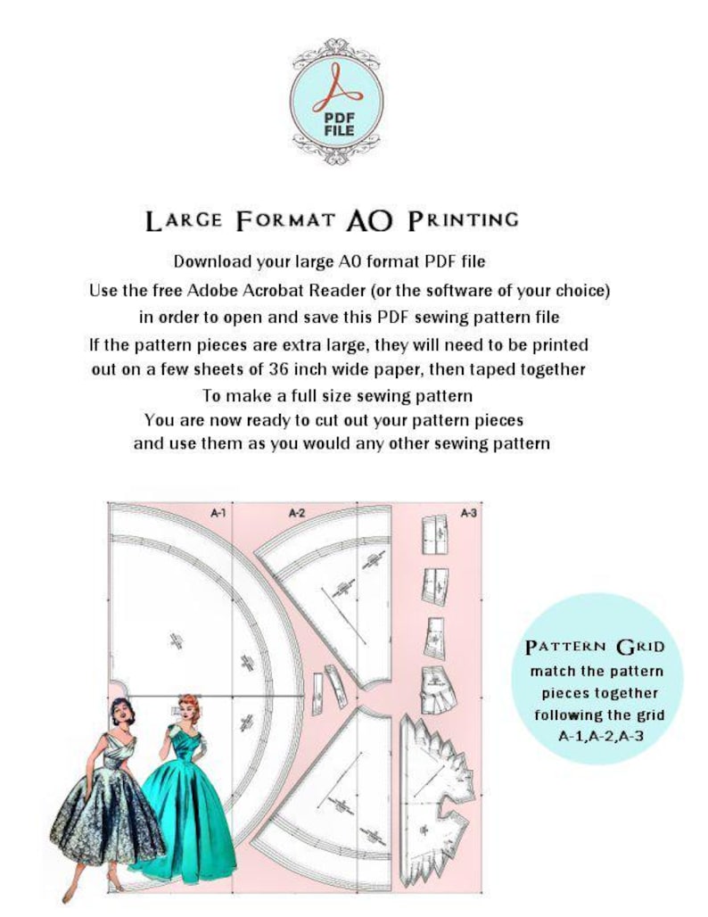 May include: A PDF sewing pattern file with instructions for large format AO printing. The image includes pattern pieces, illustrations of dresses, and text that reads "LARGE FORMAT AO PRINTING". The pattern pieces are designed to be printed on 36-inch wide paper.