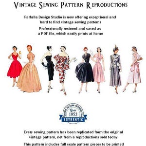 May include: A vintage sewing pattern reproduction advertisement from Farfalla Design Studio. The image features illustrations of women in various dresses. The text includes "Vintage Sewing Pattern Reproductions" and "Authentic Year 1952".