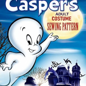 May include: A Casper the Friendly Ghost sewing pattern for an adult costume. The cover features a white cartoon ghost against a blue night sky with a large yellow moon, a dark silhouette of a haunted house, bare trees, and flying bats.