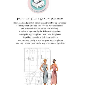 May include: A printable sewing pattern with instructions. The image features a diagram of dress patterns, illustrations of two women in dresses, and the text "PRINT AT HOME SEWING PATTERN". The pattern is designed for US letter or A4 paper.
