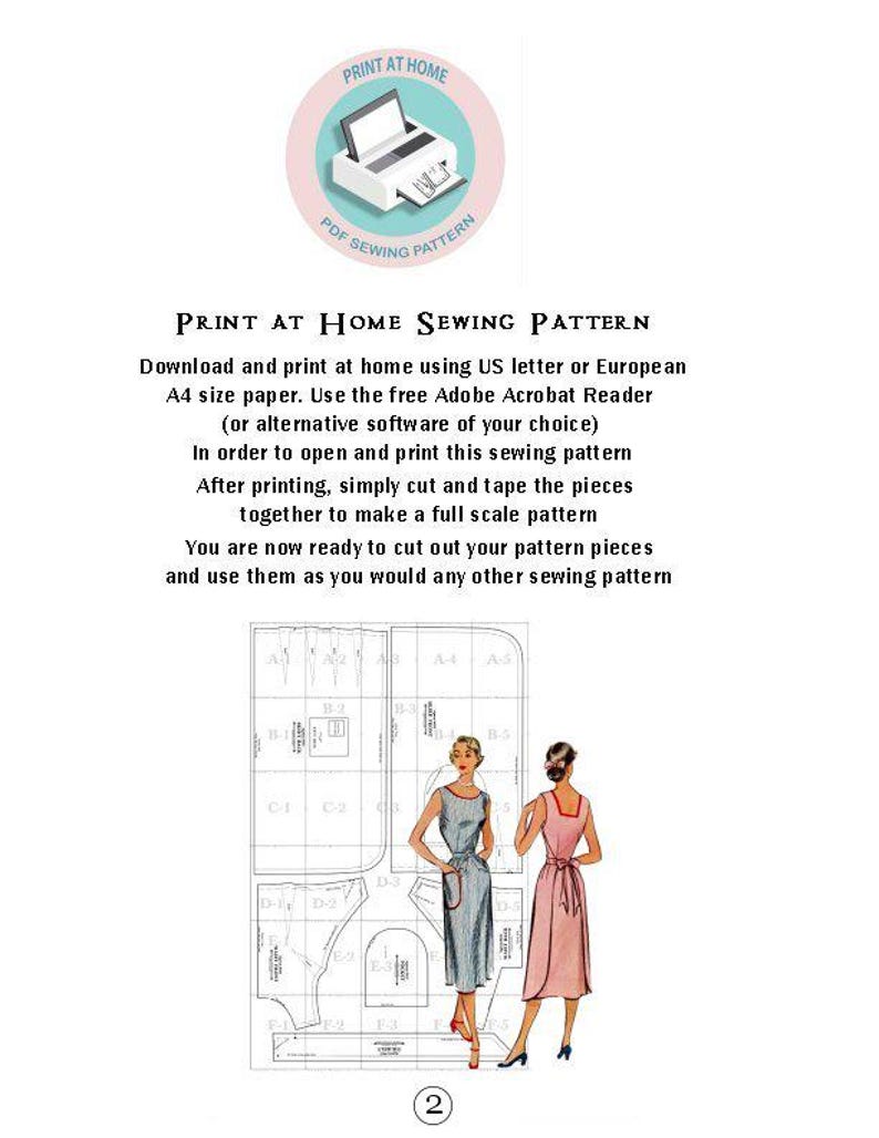 May include: A printable sewing pattern with instructions. The image features a diagram of dress patterns, illustrations of two women in dresses, and the text "PRINT AT HOME SEWING PATTERN". The pattern is designed for US letter or A4 paper.