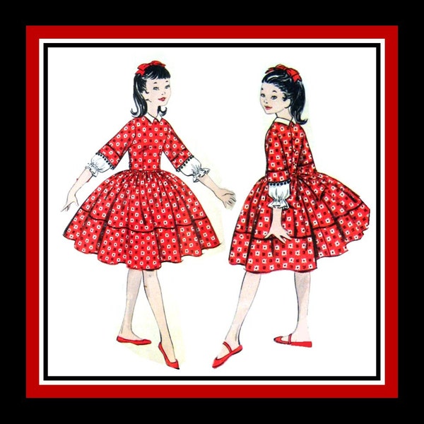 Vintage 1950s -PRETTY PARTY DRESS -Girls Sewing Pattern-Bell Sleeves Pom Pom Trim- Ruffle Under Sleeve-Nipped Waist- Uncut- Size 8 -Rare